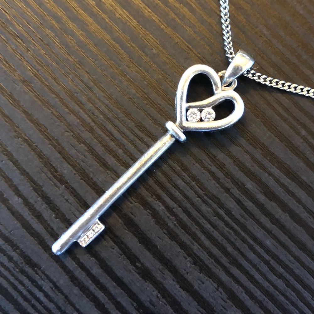 Silver heart key necklace with real diamonds